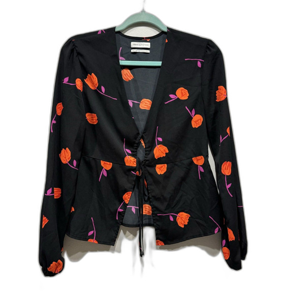 Urban Outfitters Blouse Galina Floral Tie Front Open Top Black Womens sz Medium - Picture 4 of 11